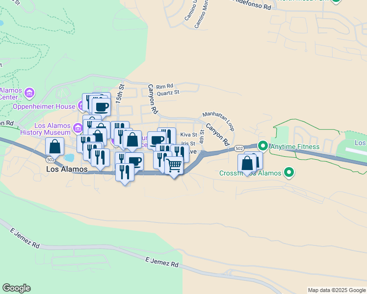 map of restaurants, bars, coffee shops, grocery stores, and more near 562 Central Avenue in Los Alamos