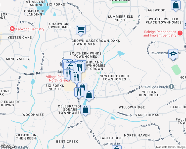 map of restaurants, bars, coffee shops, grocery stores, and more near 7251 Sandy Creek Drive in Raleigh