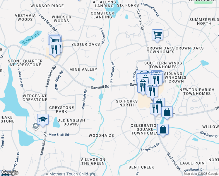 map of restaurants, bars, coffee shops, grocery stores, and more near 401 Sawmill Road in Raleigh