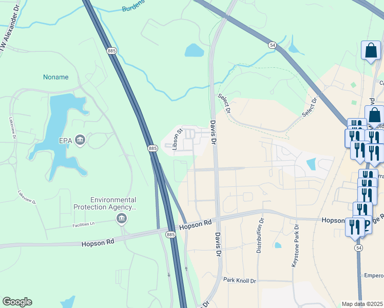 map of restaurants, bars, coffee shops, grocery stores, and more near 361 Avett Drive in Durham