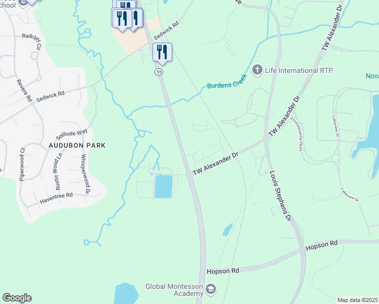 map of restaurants, bars, coffee shops, grocery stores, and more near 5781-5859 Apex Highway in Durham