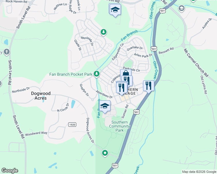 map of restaurants, bars, coffee shops, grocery stores, and more near 600 Copperline Drive in Chapel Hill