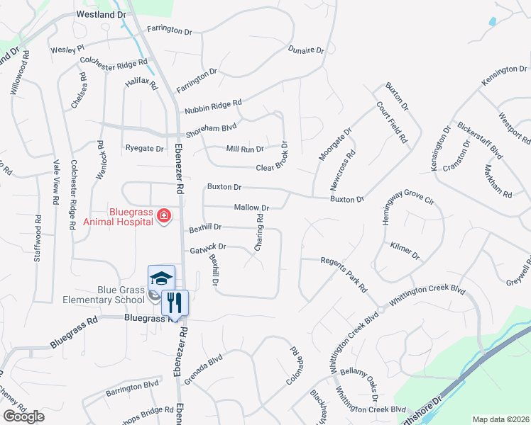 map of restaurants, bars, coffee shops, grocery stores, and more near 1308 Charing Road in Knoxville