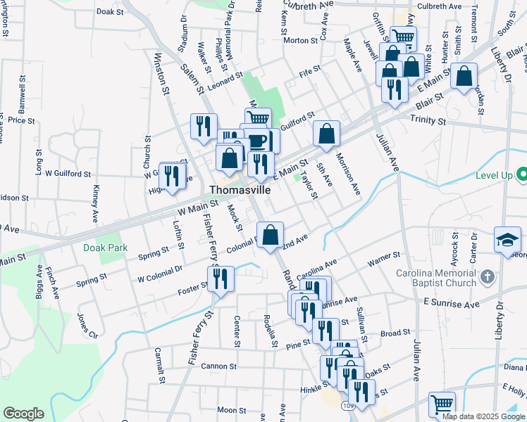 map of restaurants, bars, coffee shops, grocery stores, and more near 17 Randolph Street in Thomasville