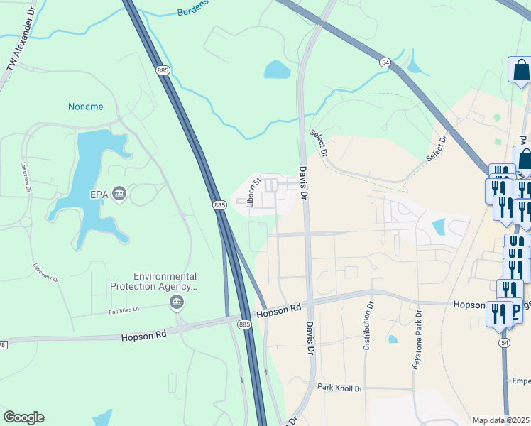 map of restaurants, bars, coffee shops, grocery stores, and more near 361 Avett Drive in Durham