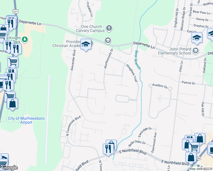 map of restaurants, bars, coffee shops, grocery stores, and more near 1302 Mullberry Court in Murfreesboro