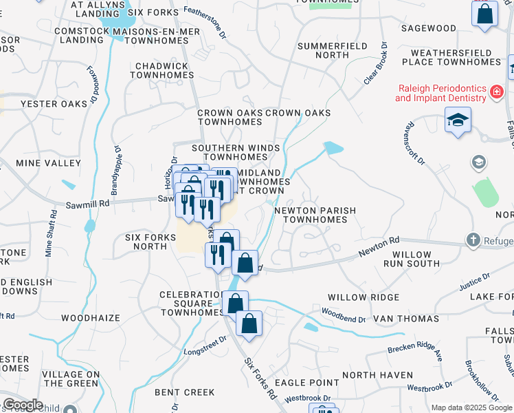 map of restaurants, bars, coffee shops, grocery stores, and more near 7251 Sandy Creek Drive in Raleigh