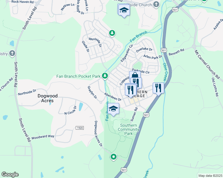 map of restaurants, bars, coffee shops, grocery stores, and more near 524 Aberdeen Drive in Chapel Hill