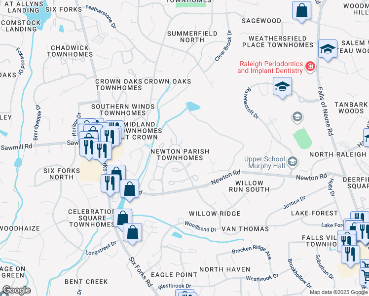 map of restaurants, bars, coffee shops, grocery stores, and more near 7322 Sweet Bay Lane in Raleigh