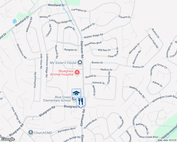 map of restaurants, bars, coffee shops, grocery stores, and more near 1102 Buxton Drive in Knoxville