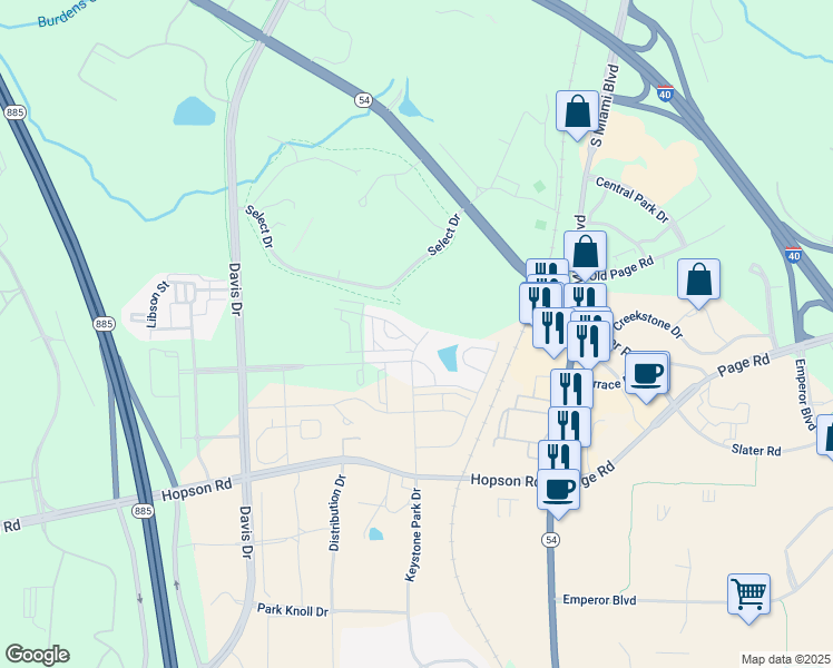 map of restaurants, bars, coffee shops, grocery stores, and more near 5333 Faulkner Street in Morrisville