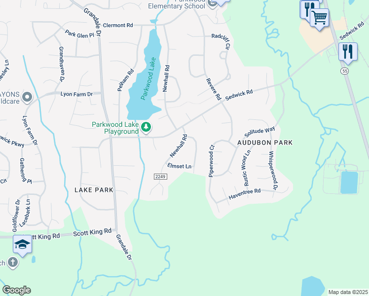 map of restaurants, bars, coffee shops, grocery stores, and more near 5811 Newhall Road in Durham