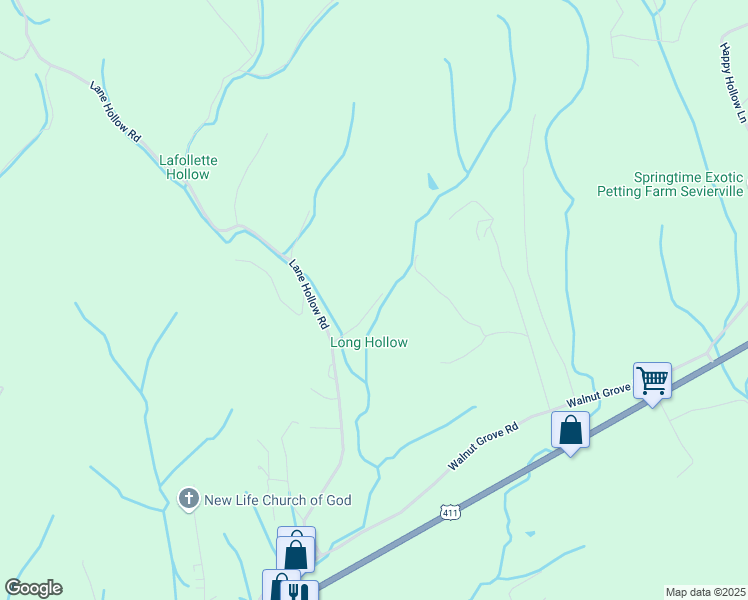 map of restaurants, bars, coffee shops, grocery stores, and more near 305 Lane Hollow Road in Sevierville