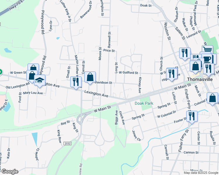 map of restaurants, bars, coffee shops, grocery stores, and more near 112 Miller Street in Thomasville