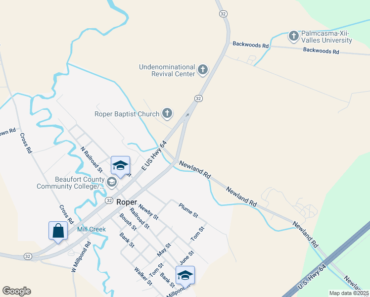 map of restaurants, bars, coffee shops, grocery stores, and more near U.S. Highway 64 in Roper