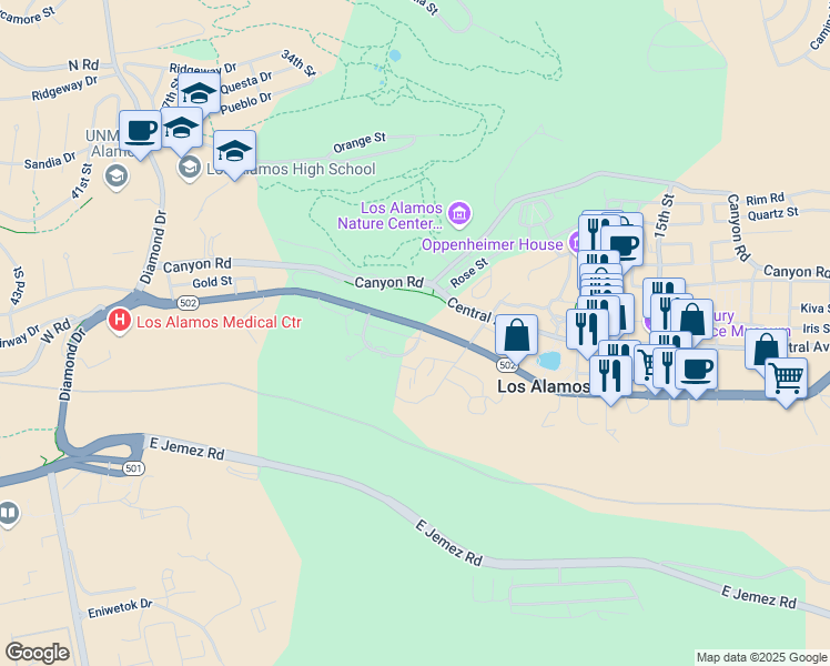 map of restaurants, bars, coffee shops, grocery stores, and more near 46 Timber Ridge Road in Los Alamos