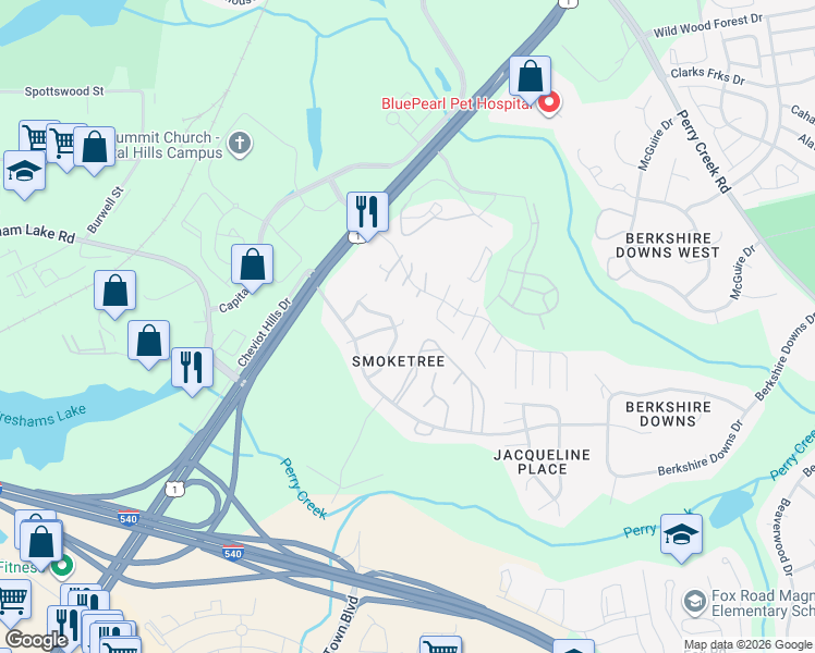 map of restaurants, bars, coffee shops, grocery stores, and more near 7324 North Thorncliff Place in Raleigh