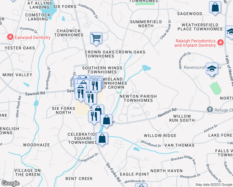 map of restaurants, bars, coffee shops, grocery stores, and more near 7325 Bryn Athyn Way in Raleigh