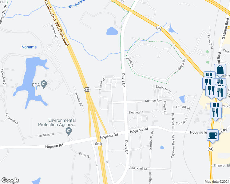 map of restaurants, bars, coffee shops, grocery stores, and more near 601 Finsbury Street in Durham