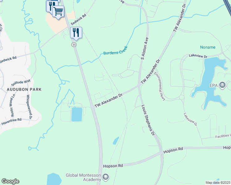 map of restaurants, bars, coffee shops, grocery stores, and more near 474 T W Alexander Drive in Durham