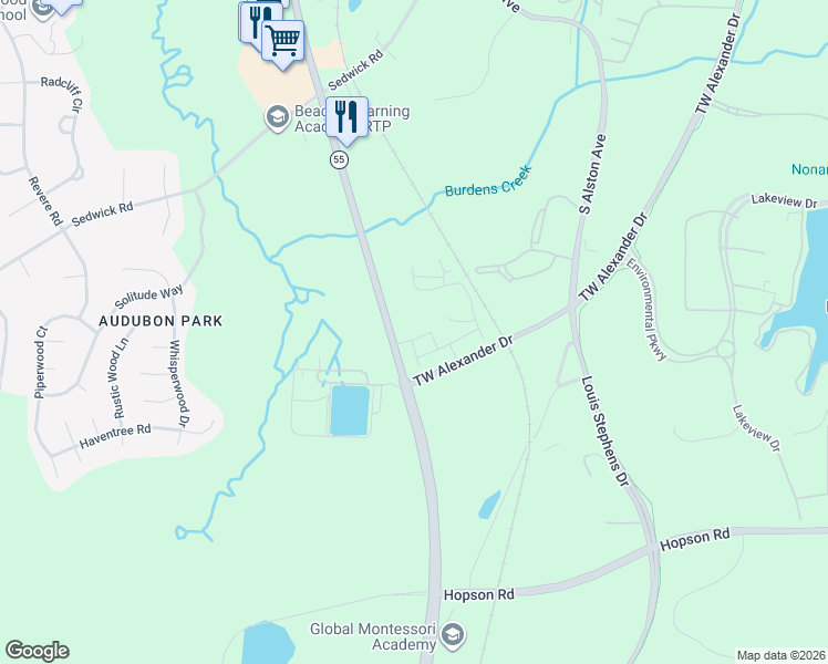 map of restaurants, bars, coffee shops, grocery stores, and more near 5781-5859 Apex Highway in Durham