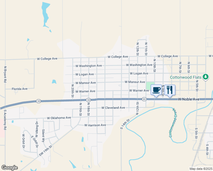 map of restaurants, bars, coffee shops, grocery stores, and more near 1524 West Warner Avenue in Guthrie