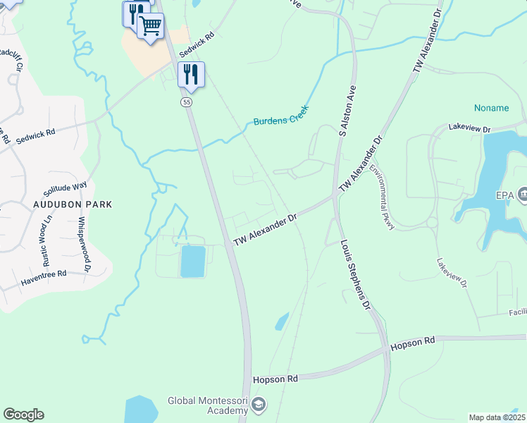 map of restaurants, bars, coffee shops, grocery stores, and more near 474 TW Alexander Drive in Durham