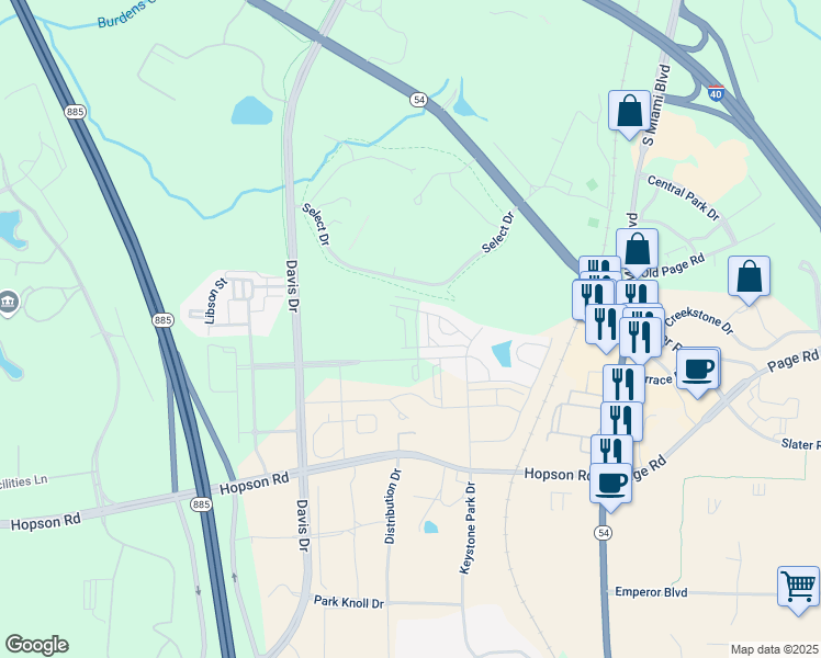 map of restaurants, bars, coffee shops, grocery stores, and more near 5416 Talley Street in Morrisville