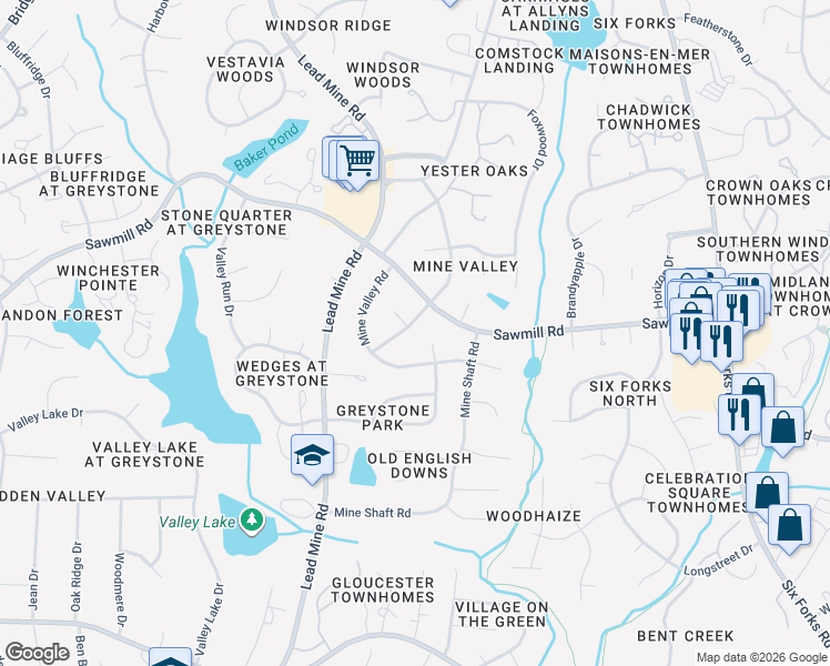 map of restaurants, bars, coffee shops, grocery stores, and more near 7616 Prospector Place in Raleigh