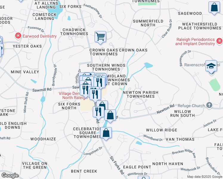 map of restaurants, bars, coffee shops, grocery stores, and more near 7371 Sandy Creek Drive in Raleigh