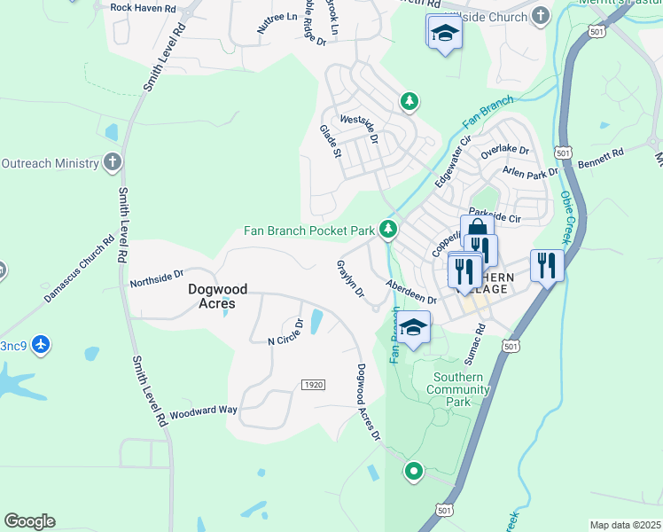 map of restaurants, bars, coffee shops, grocery stores, and more near 139 Graylyn Drive in Chapel Hill