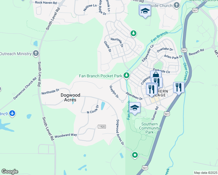 map of restaurants, bars, coffee shops, grocery stores, and more near 139 Graylyn Drive in Chapel Hill