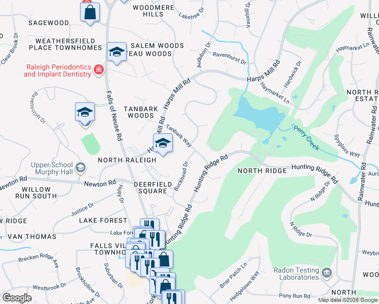 map of restaurants, bars, coffee shops, grocery stores, and more near 7009 Buckhead Drive in Raleigh