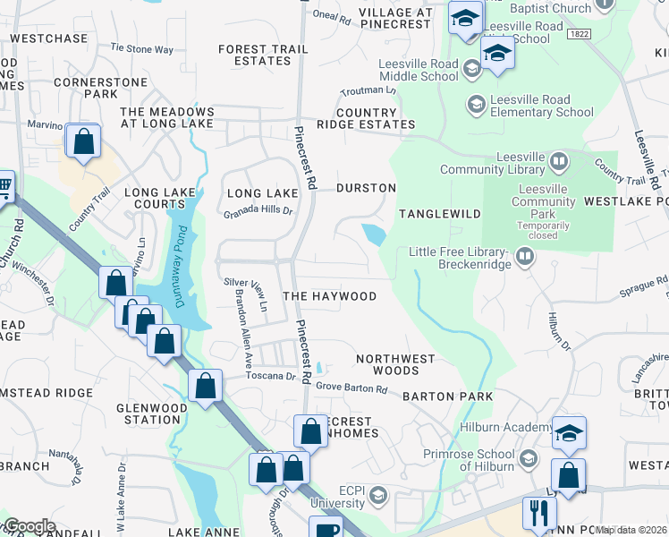 map of restaurants, bars, coffee shops, grocery stores, and more near 5265 Aleppo Lane in Raleigh