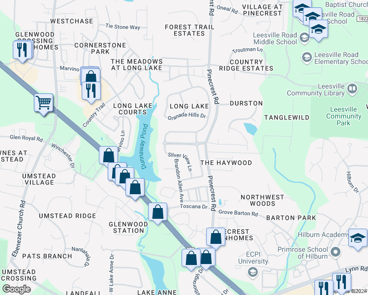 map of restaurants, bars, coffee shops, grocery stores, and more near 5423 Wind Mountain Lane in Raleigh