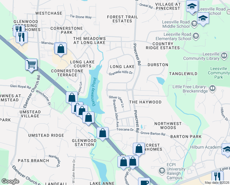 map of restaurants, bars, coffee shops, grocery stores, and more near 7464 Silver View Lane in Raleigh