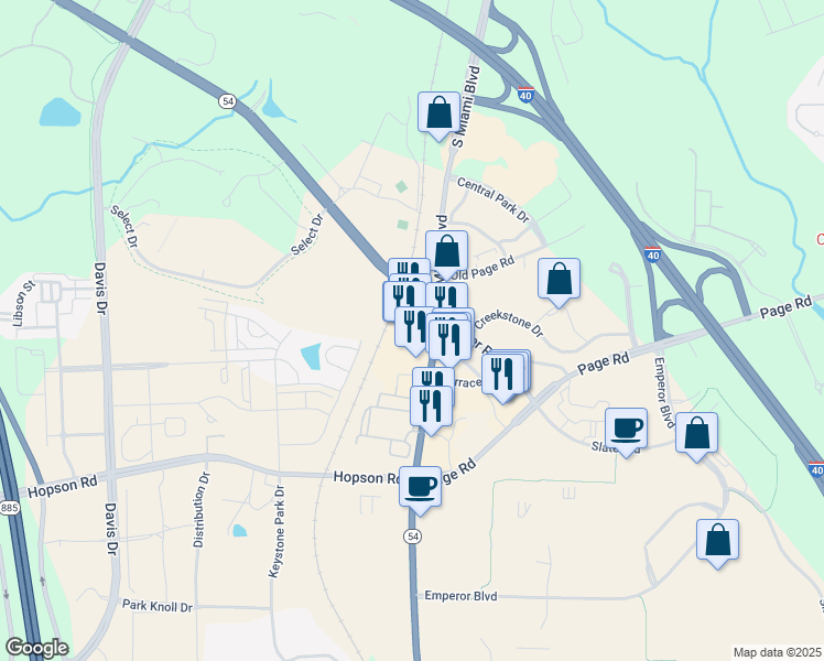 map of restaurants, bars, coffee shops, grocery stores, and more near 5400 South Miami Boulevard in Durham