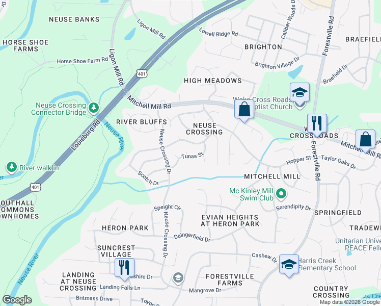 map of restaurants, bars, coffee shops, grocery stores, and more near 3528 Tunas Street in Raleigh