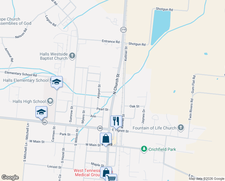 map of restaurants, bars, coffee shops, grocery stores, and more near 100 Cedar Street in Halls