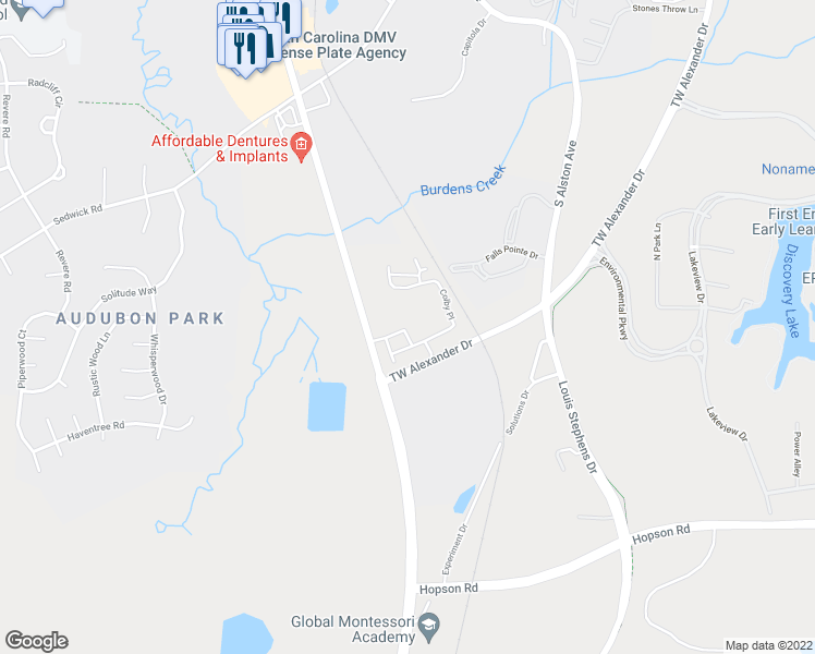 map of restaurants, bars, coffee shops, grocery stores, and more near 474 TW Alexander Drive in Durham