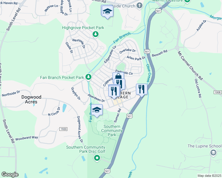 map of restaurants, bars, coffee shops, grocery stores, and more near 610 Market Street in Chapel Hill