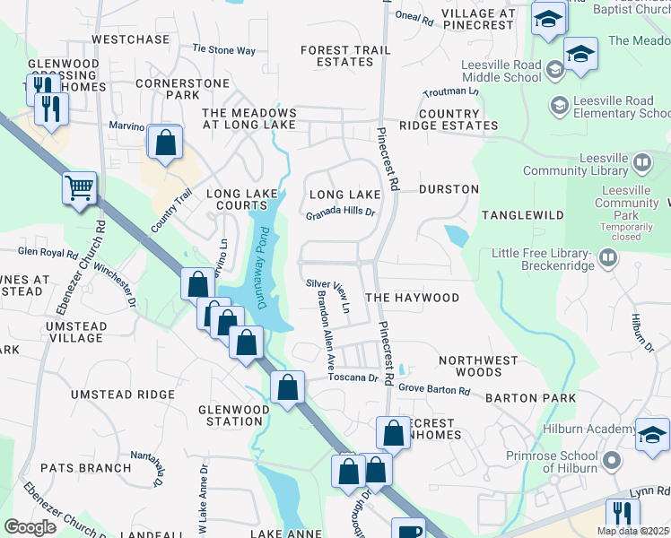 map of restaurants, bars, coffee shops, grocery stores, and more near 5423 Wind Mountain Lane in Raleigh