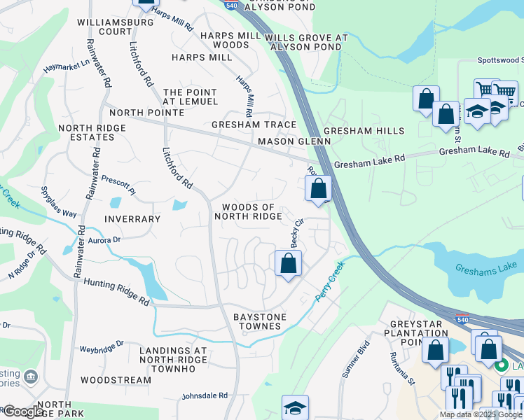 map of restaurants, bars, coffee shops, grocery stores, and more near 2348 Florida Court in Raleigh