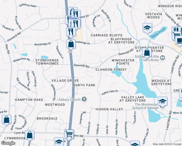 map of restaurants, bars, coffee shops, grocery stores, and more near 4565 Springmoor Court in Raleigh