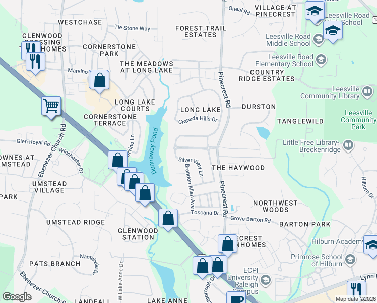 map of restaurants, bars, coffee shops, grocery stores, and more near 7464 Silver View Lane in Raleigh