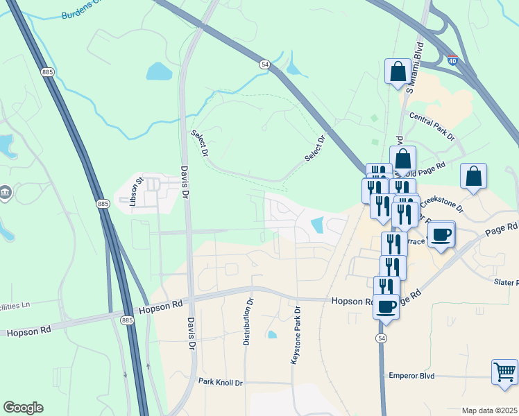 map of restaurants, bars, coffee shops, grocery stores, and more near 5427 Talley Street in Durham