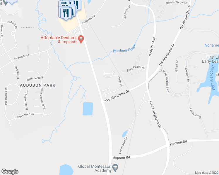 map of restaurants, bars, coffee shops, grocery stores, and more near 474 TW Alexander Drive in Durham