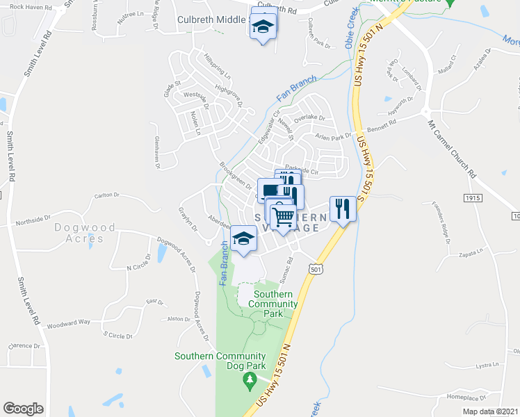 map of restaurants, bars, coffee shops, grocery stores, and more near 600 Copperline Drive in Chapel Hill