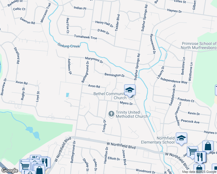 map of restaurants, bars, coffee shops, grocery stores, and more near 2425 Jones Boulevard in Murfreesboro