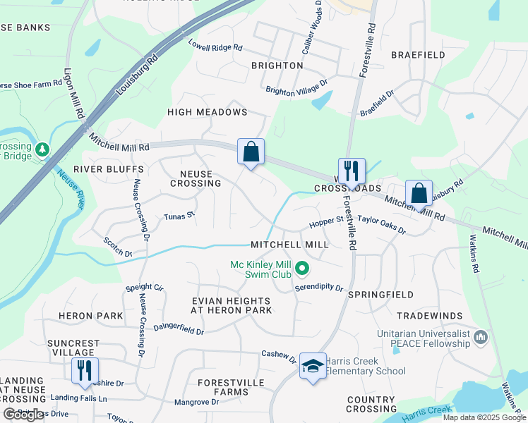 map of restaurants, bars, coffee shops, grocery stores, and more near 3823 Hopper Street in Raleigh